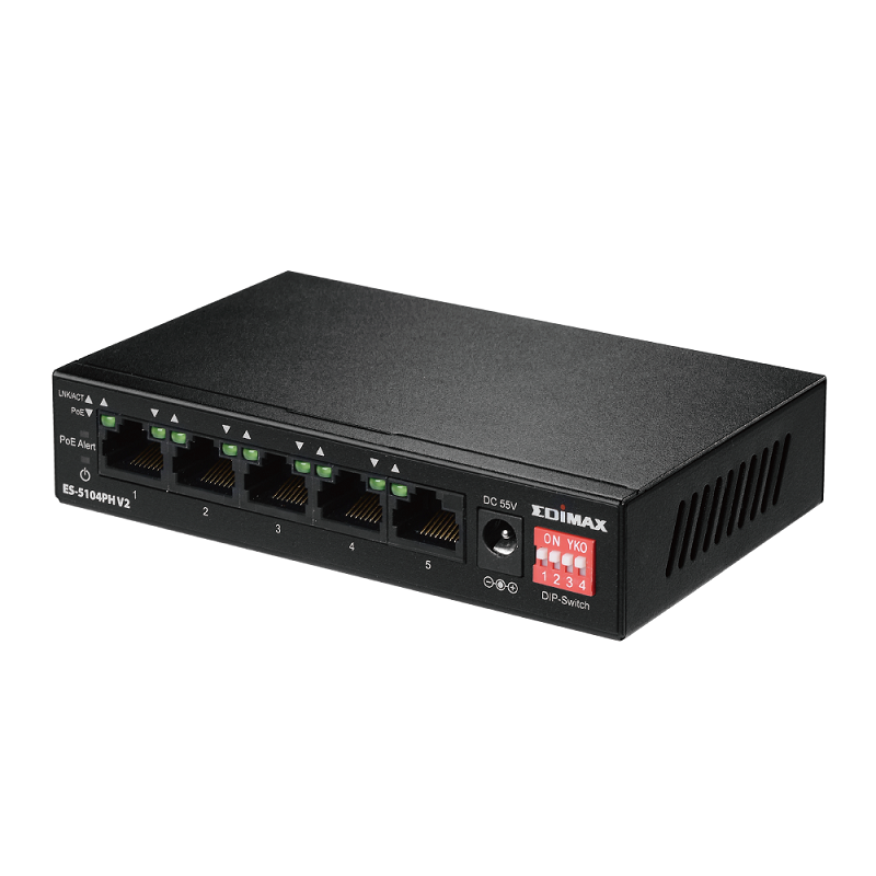 Edimax ES-5104PH V2 Long Range 5-Port Fast Ethernet Switch with 4 PoE+ Ports + DIP Switch